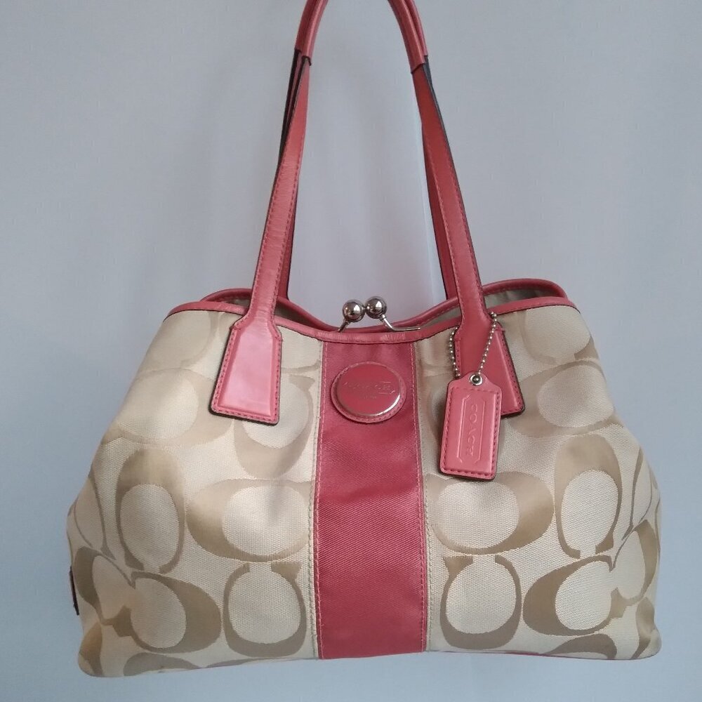 Coach Signature Stripe Kiss Lock Coral & Beige Frame Carryall Bag